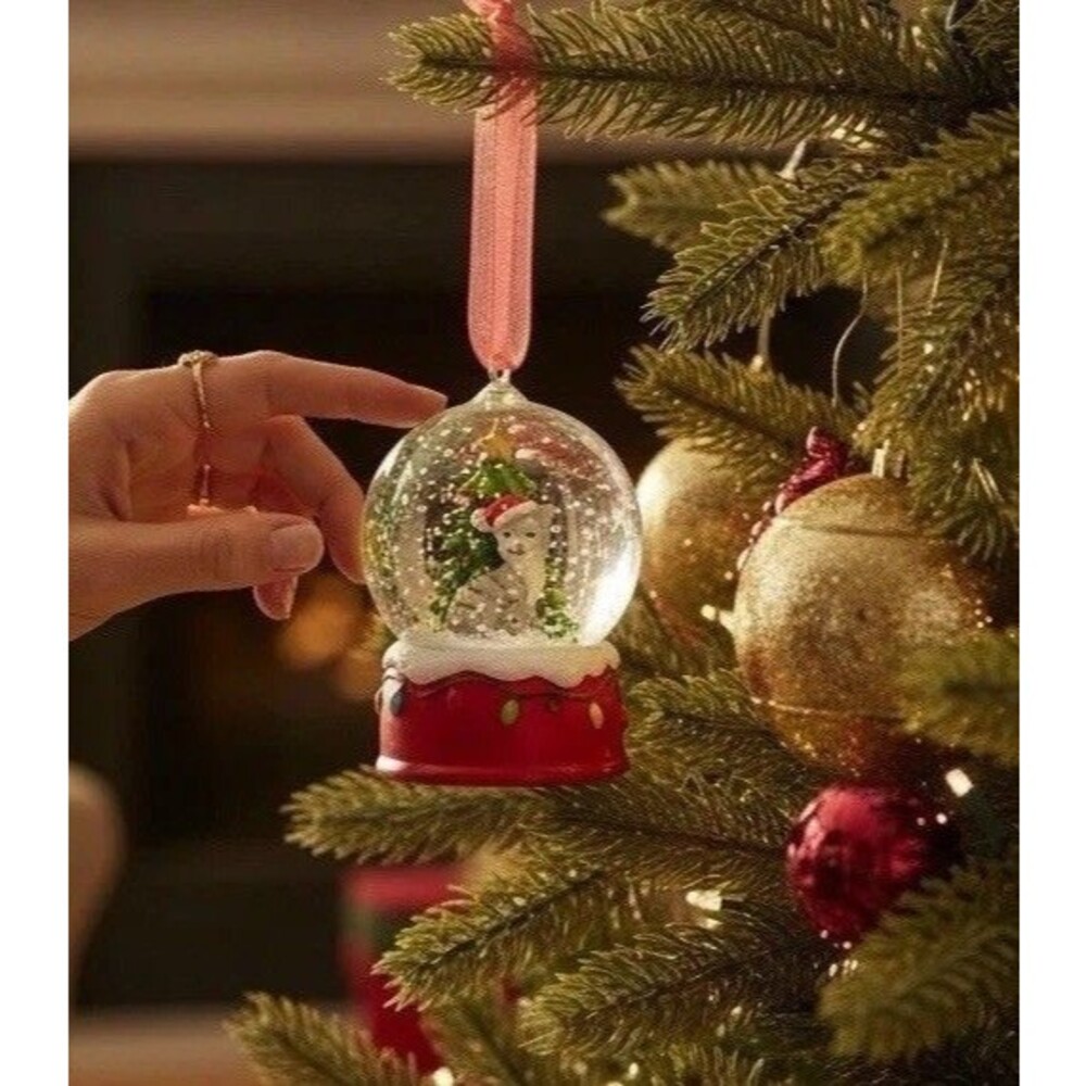 Mini Christmas Holiday Grey Tabby Cat Snow Globe Hanging Tree Ornament 2.5” NIP